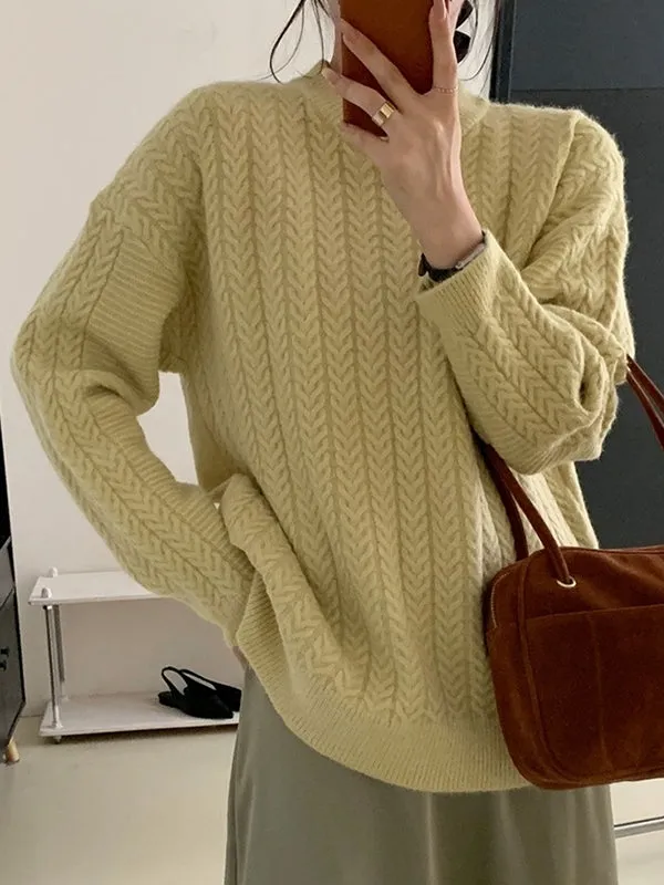 Long Sleeves Loose Solid Color Velvet Round-Neck Knitwear Pullovers Sweater Tops