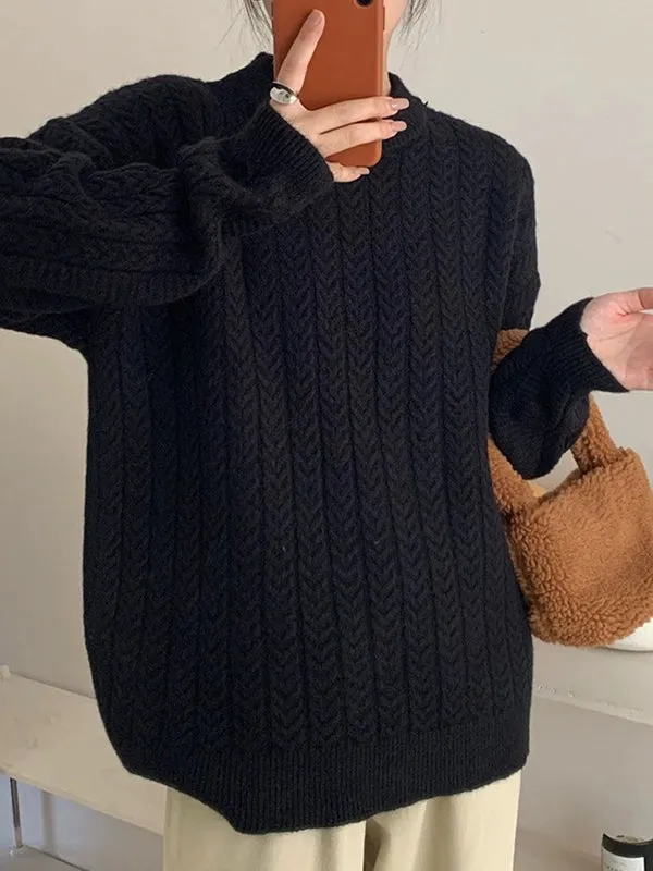 Long Sleeves Loose Solid Color Velvet Round-Neck Knitwear Pullovers Sweater Tops