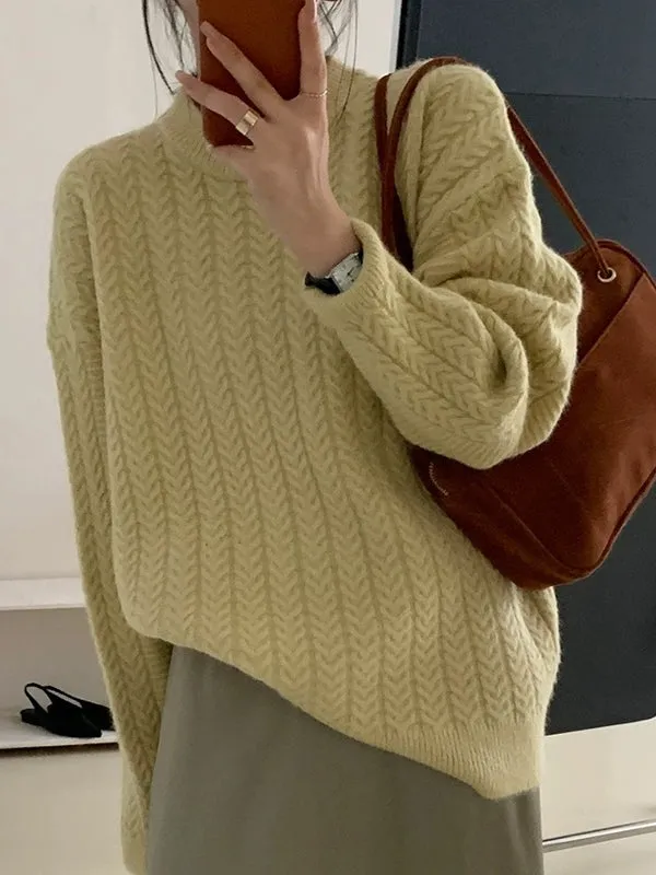 Long Sleeves Loose Solid Color Velvet Round-Neck Knitwear Pullovers Sweater Tops