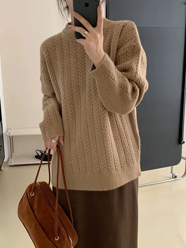 Long Sleeves Loose Solid Color Velvet Round-Neck Knitwear Pullovers Sweater Tops