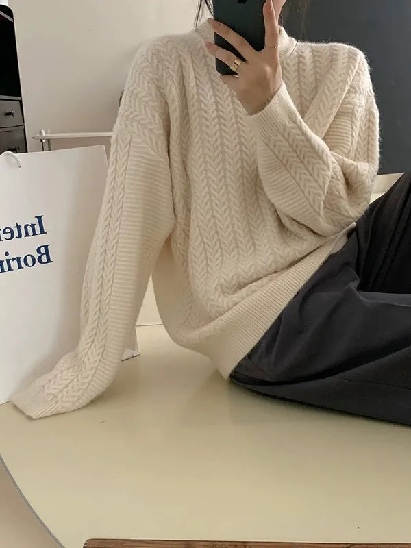 Long Sleeves Loose Solid Color Velvet Round-Neck Knitwear Pullovers Sweater Tops