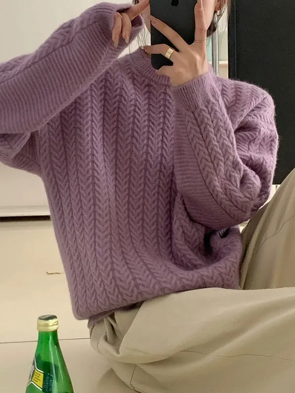 Long Sleeves Loose Solid Color Velvet Round-Neck Knitwear Pullovers Sweater Tops