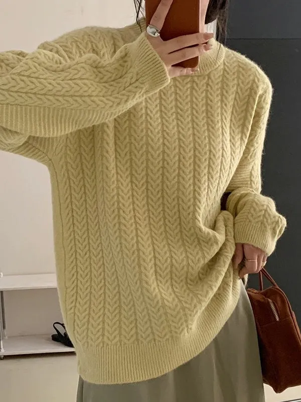 Long Sleeves Loose Solid Color Velvet Round-Neck Knitwear Pullovers Sweater Tops