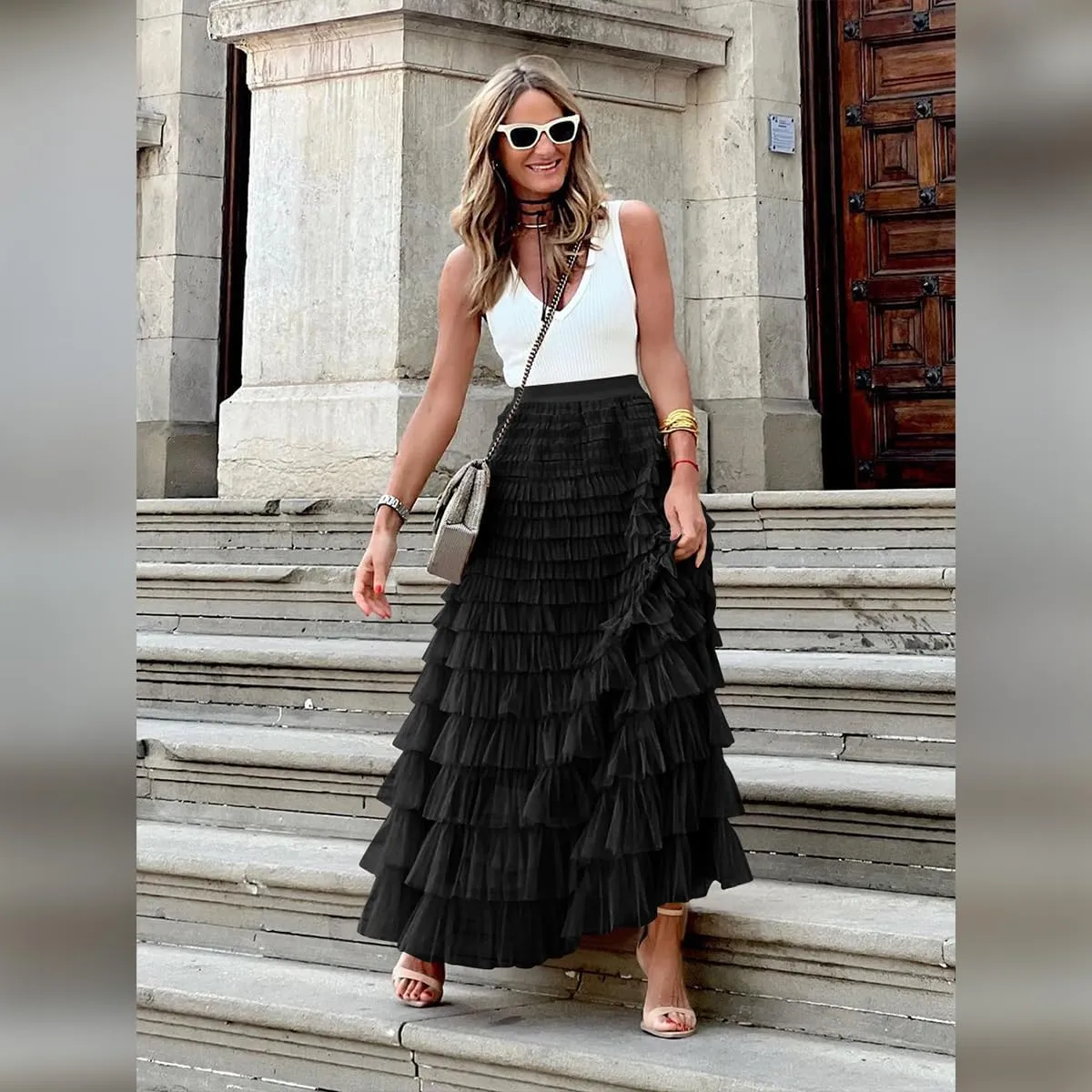 Long Tulle Skirt for Women Elastic High Waist Tutu A Line Fairy Skirt Mesh Layered Ruffle Skirt Tiered Maxi Skirts Petticoat