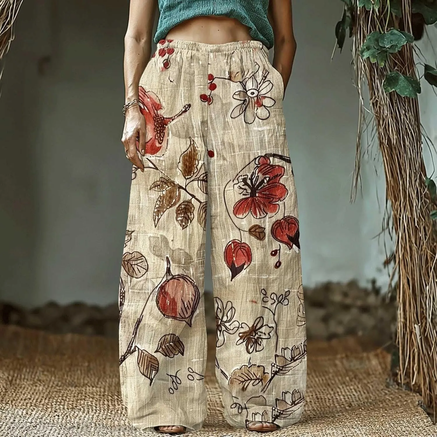 Loose Fit for Women Fall Summer Linen Vintage Boho Ruched High Cut Pants Women 2025 Trendy