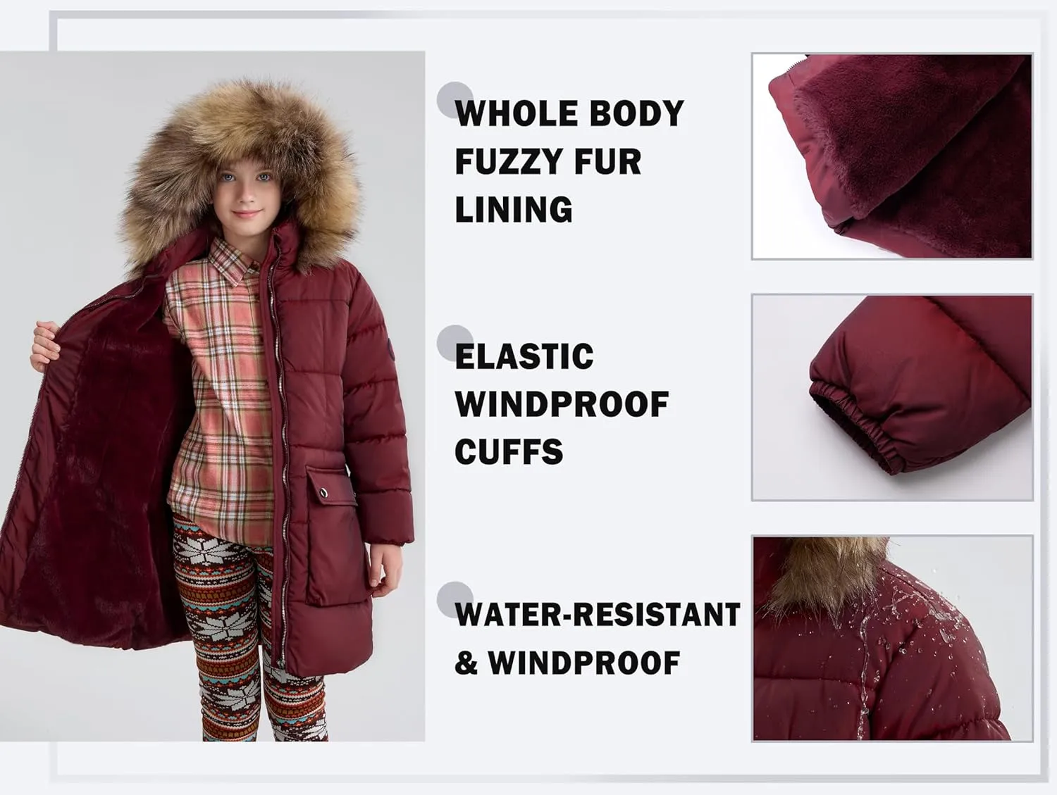 maoo garden Girls Puffer Winter Coat Faux-Down Heavyweight Snow Parka Fuzzy Fur Lining Hood Water-Resistant Long Jacket