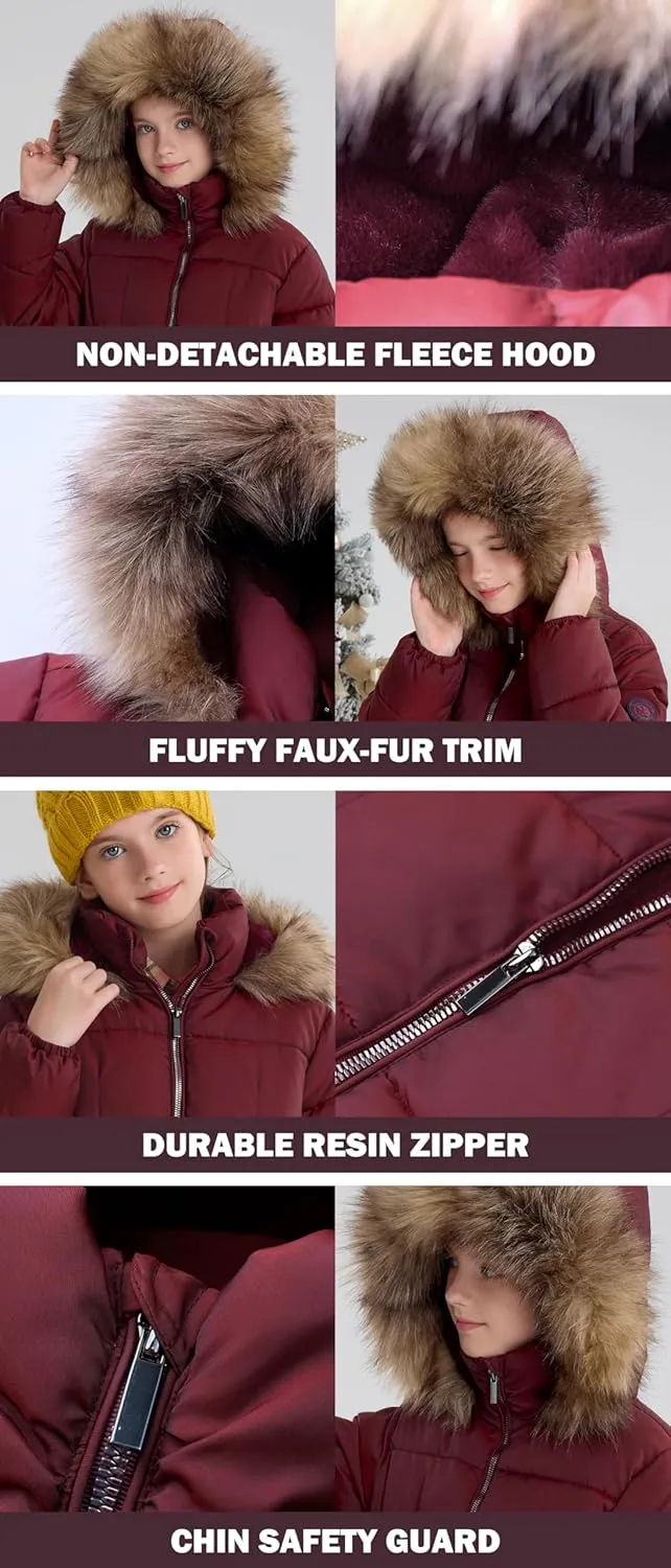 maoo garden Girls Puffer Winter Coat Faux-Down Heavyweight Snow Parka Fuzzy Fur Lining Hood Water-Resistant Long Jacket