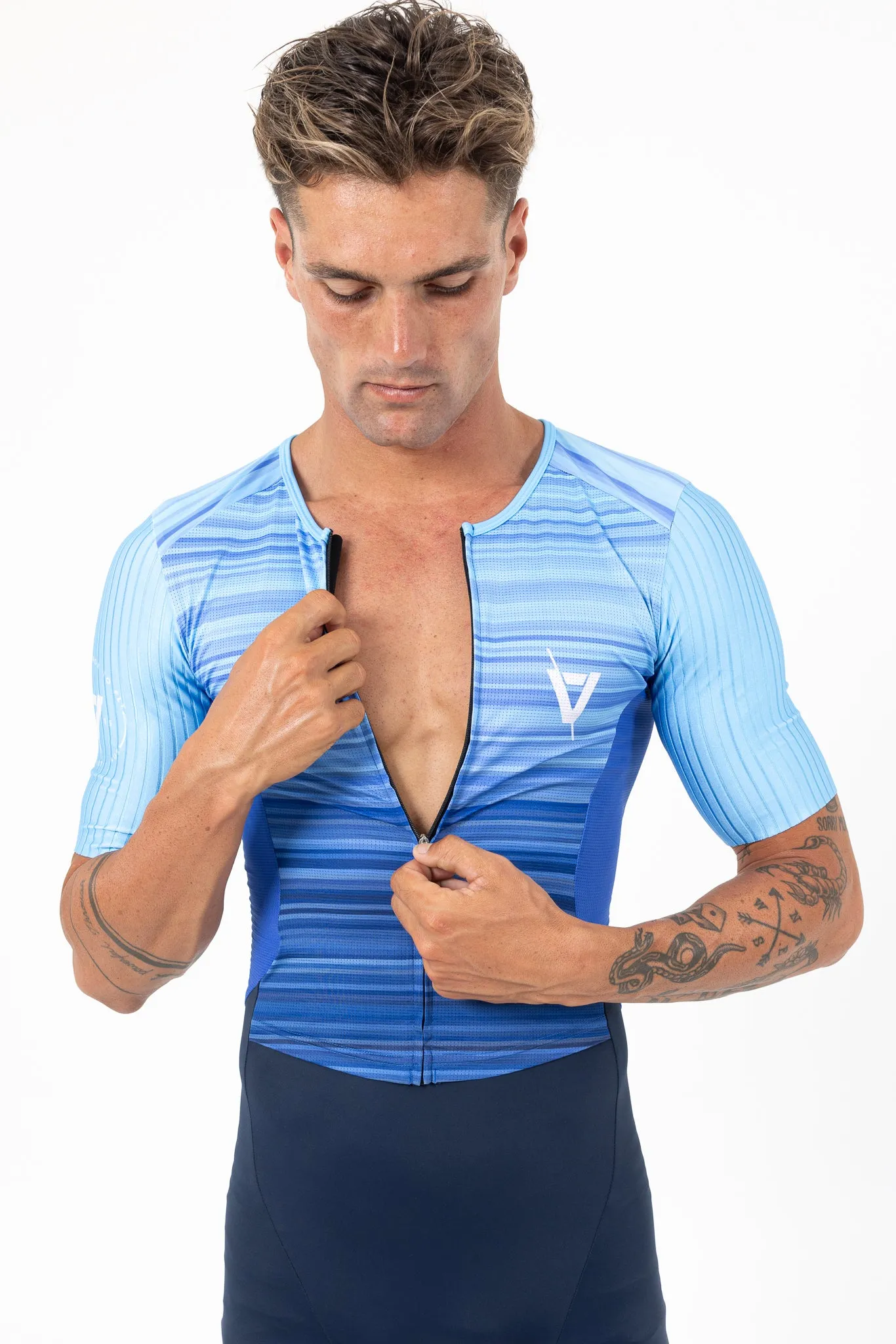 Mens Aero Sleeved Tri Suit Blue Stripes