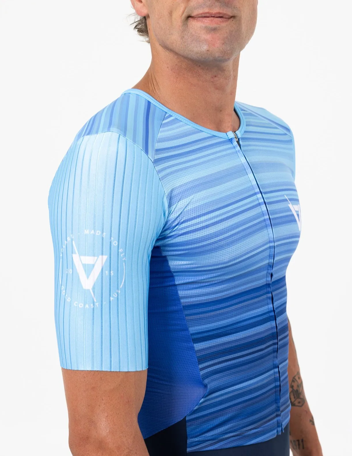 Mens Aero Sleeved Tri Suit Blue Stripes