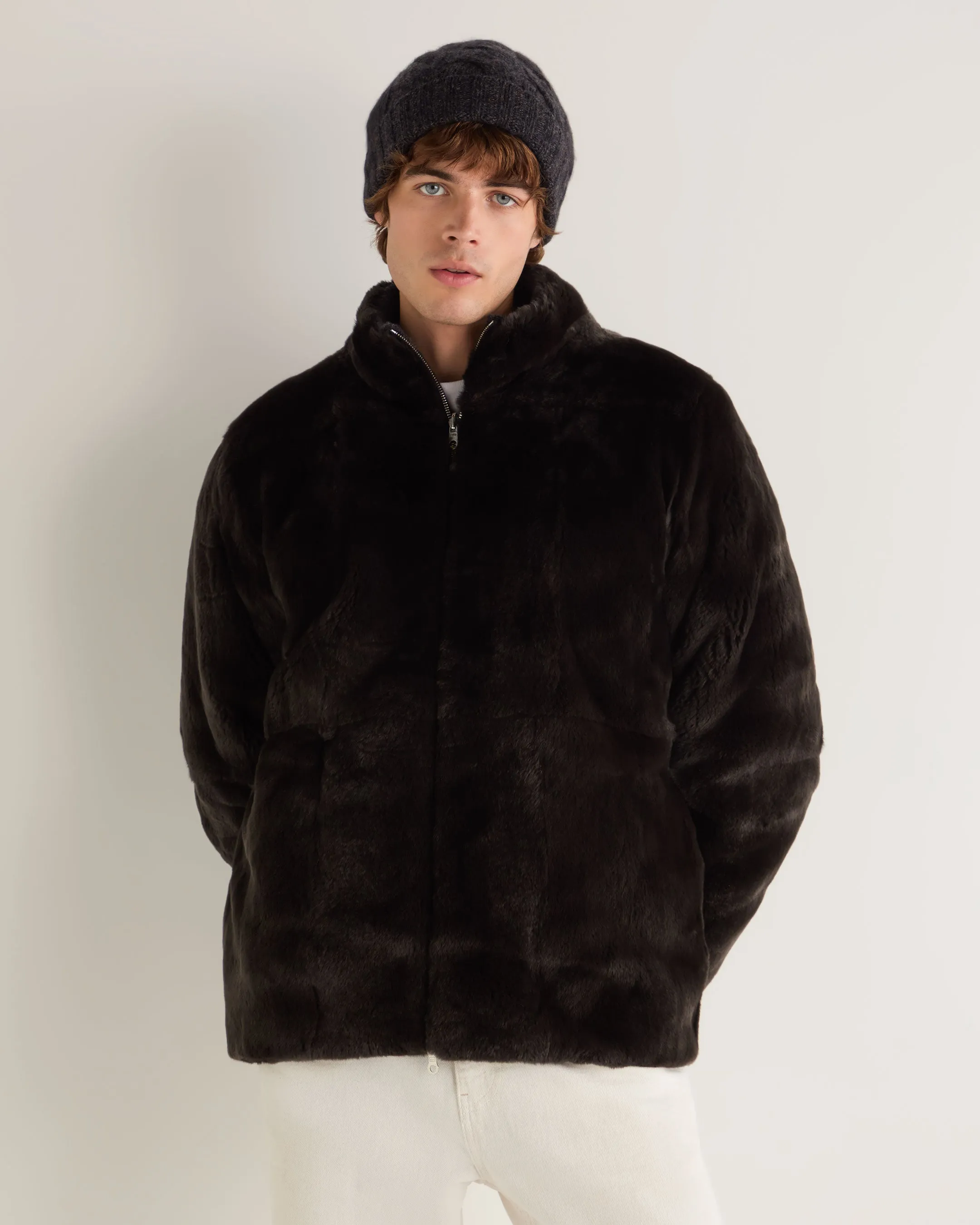 Men's Aspen Cashmere Cable Fur Cardigan Granite Grey