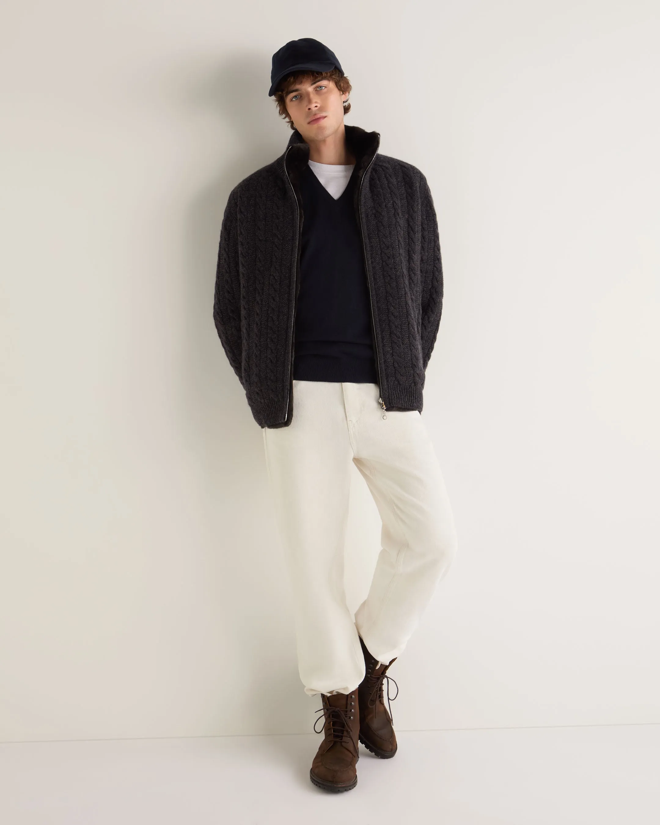 Men's Aspen Cashmere Cable Fur Cardigan Granite Grey