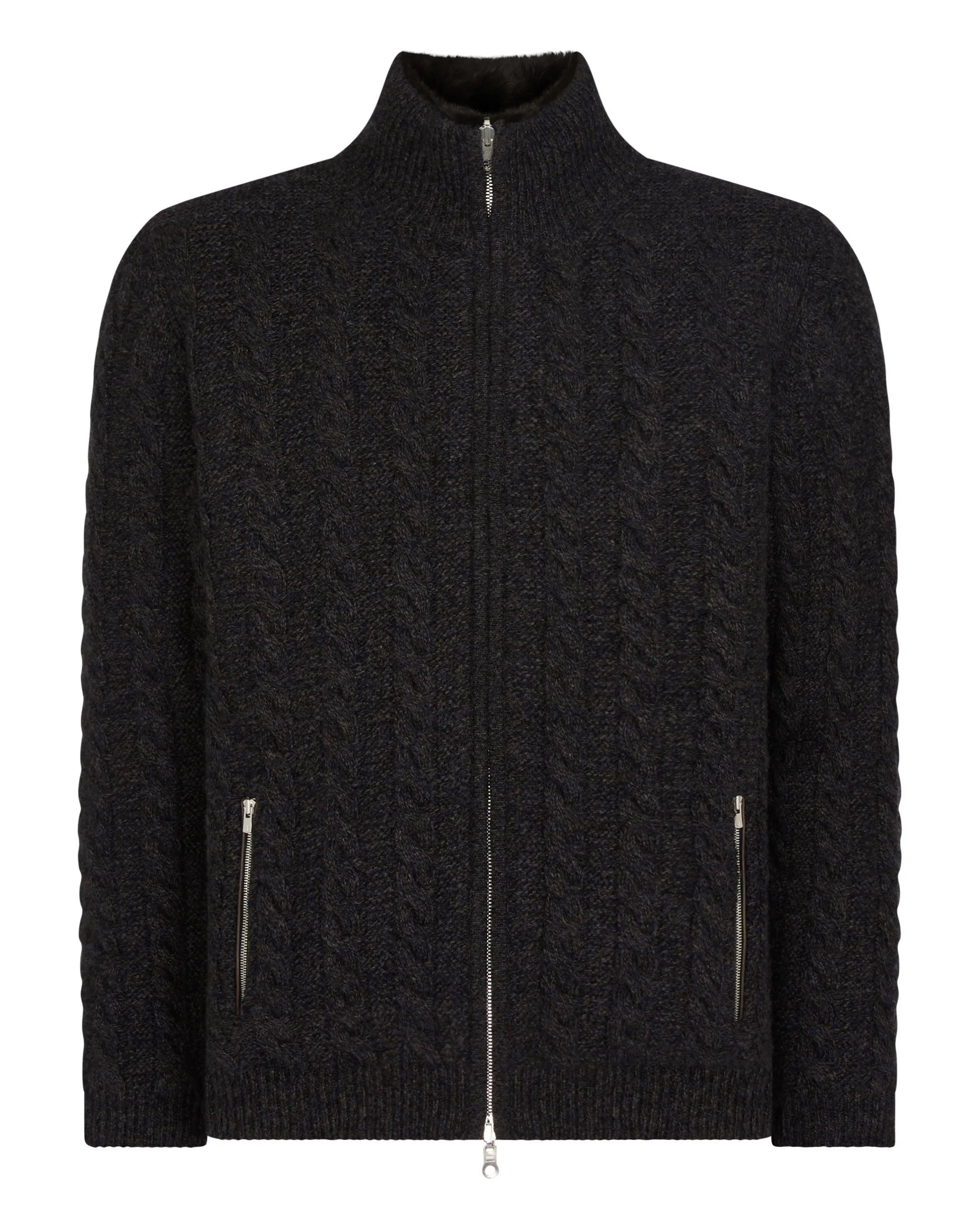 Men's Aspen Cashmere Cable Fur Cardigan Granite Grey