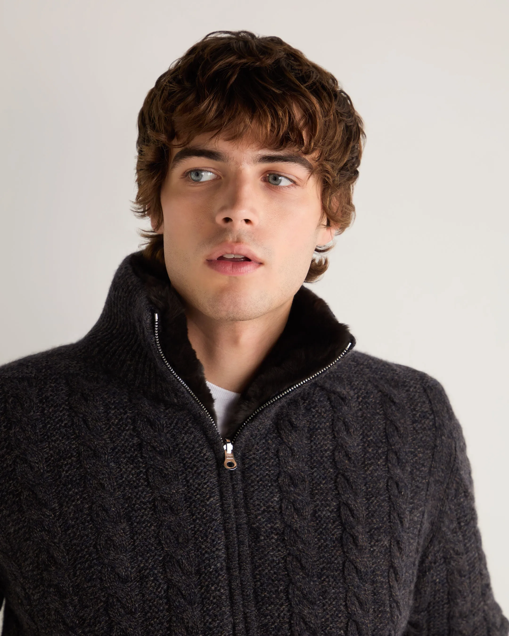 Men's Aspen Cashmere Cable Fur Cardigan Granite Grey