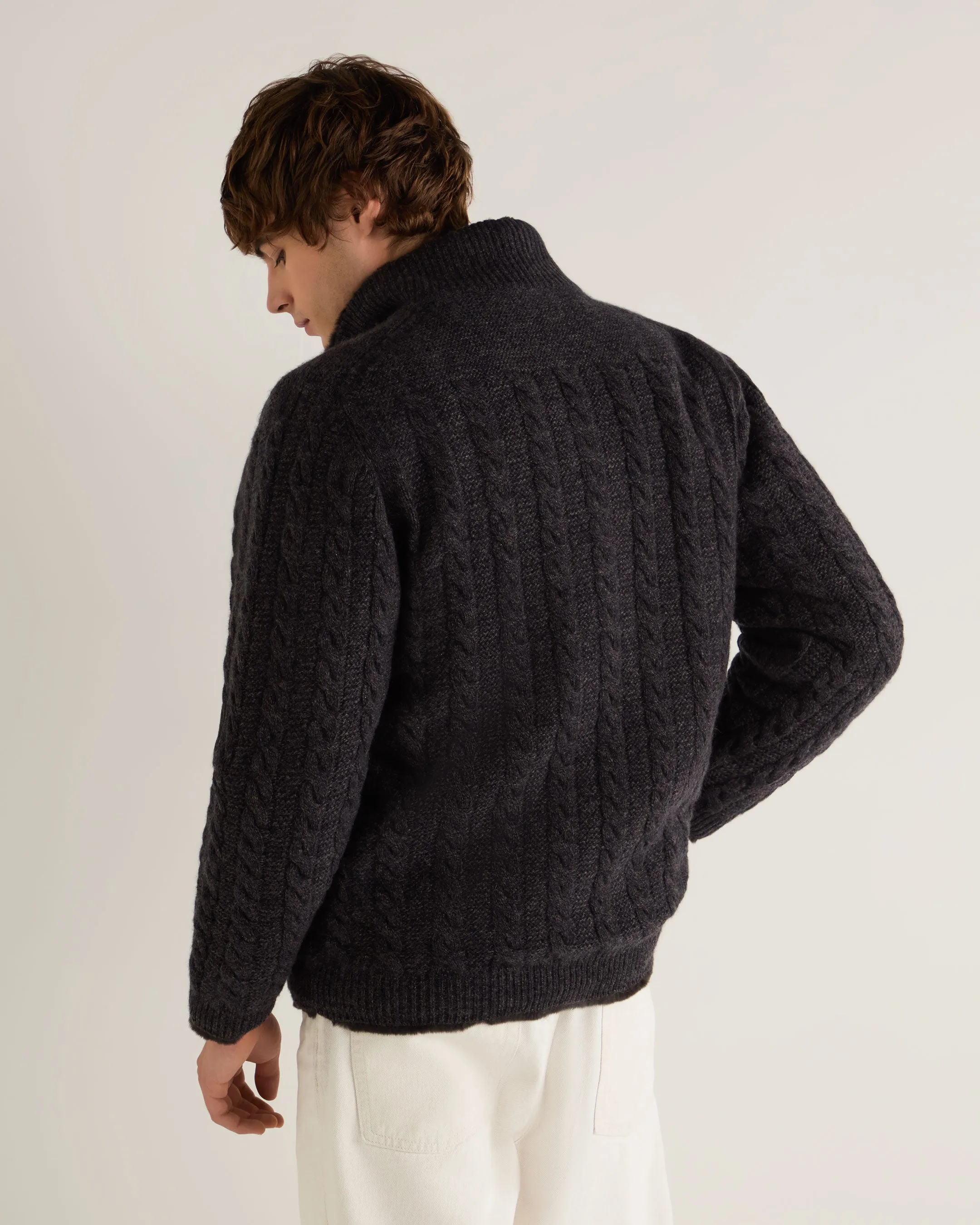 Men's Aspen Cashmere Cable Fur Cardigan Granite Grey
