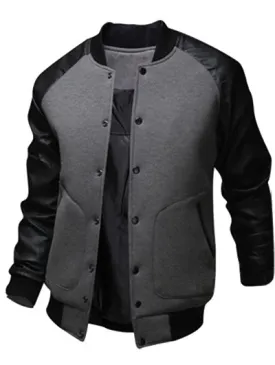 Men's Snap Button Up PU Leather Insert Raglan Sleeves Jacket
