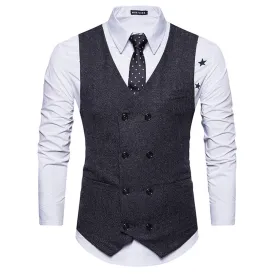 Men's V Neck Double Breasted Belt Design Waistcoat
