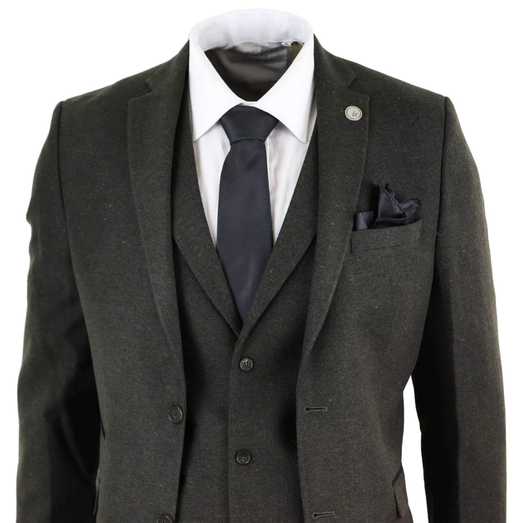 Mens Wool 3 Piece Suit Tweed Olive Green Black Tailored Fit Classic