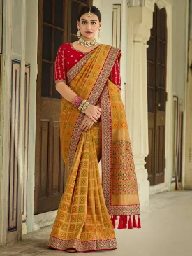 Mustard Yellow Aesthetic Thread Work Designer Saree With Embroidery Blouse