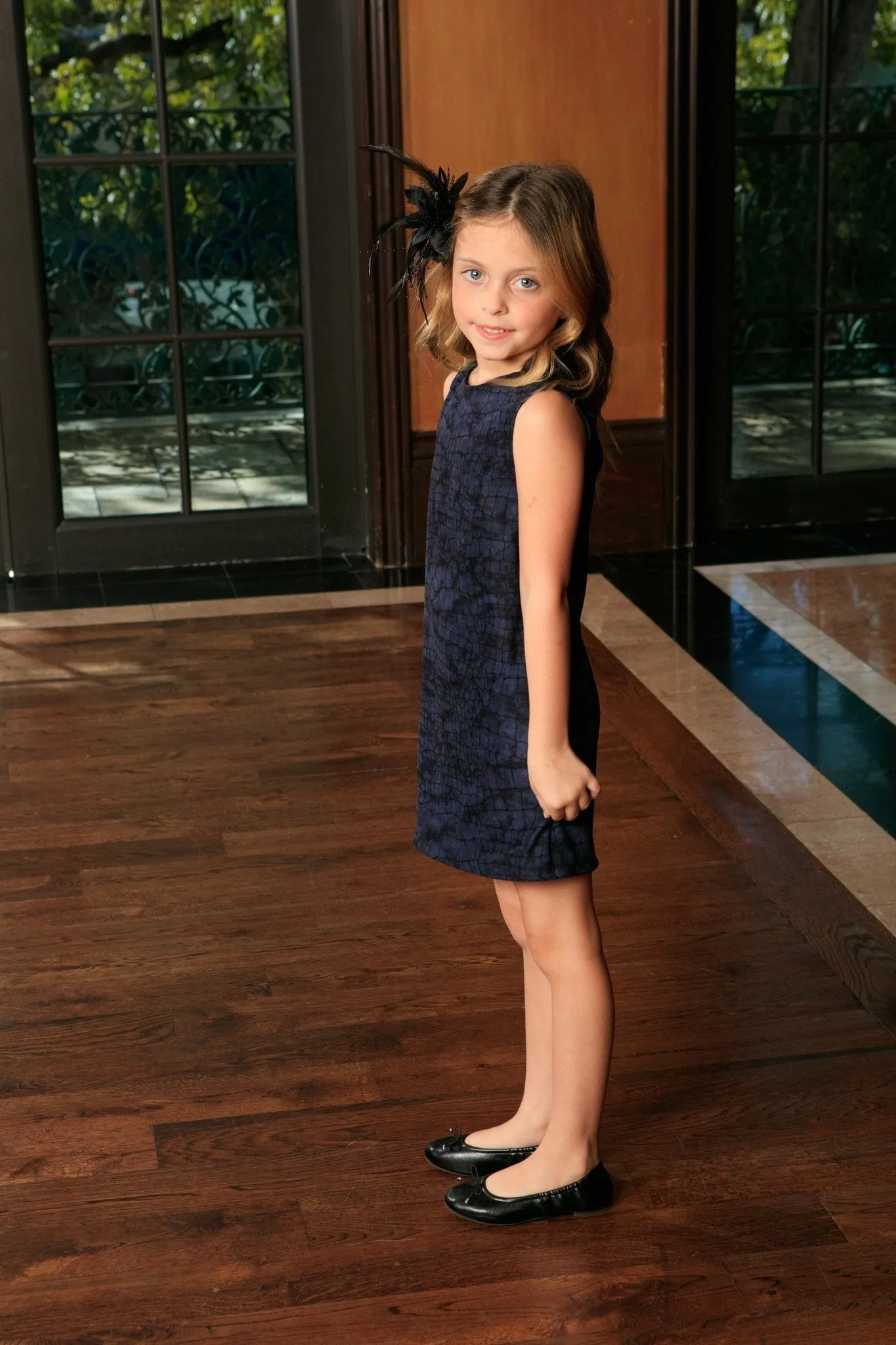Navy Animal Print Sleeveless Stylish Fancy Party Shift Dress - Girls