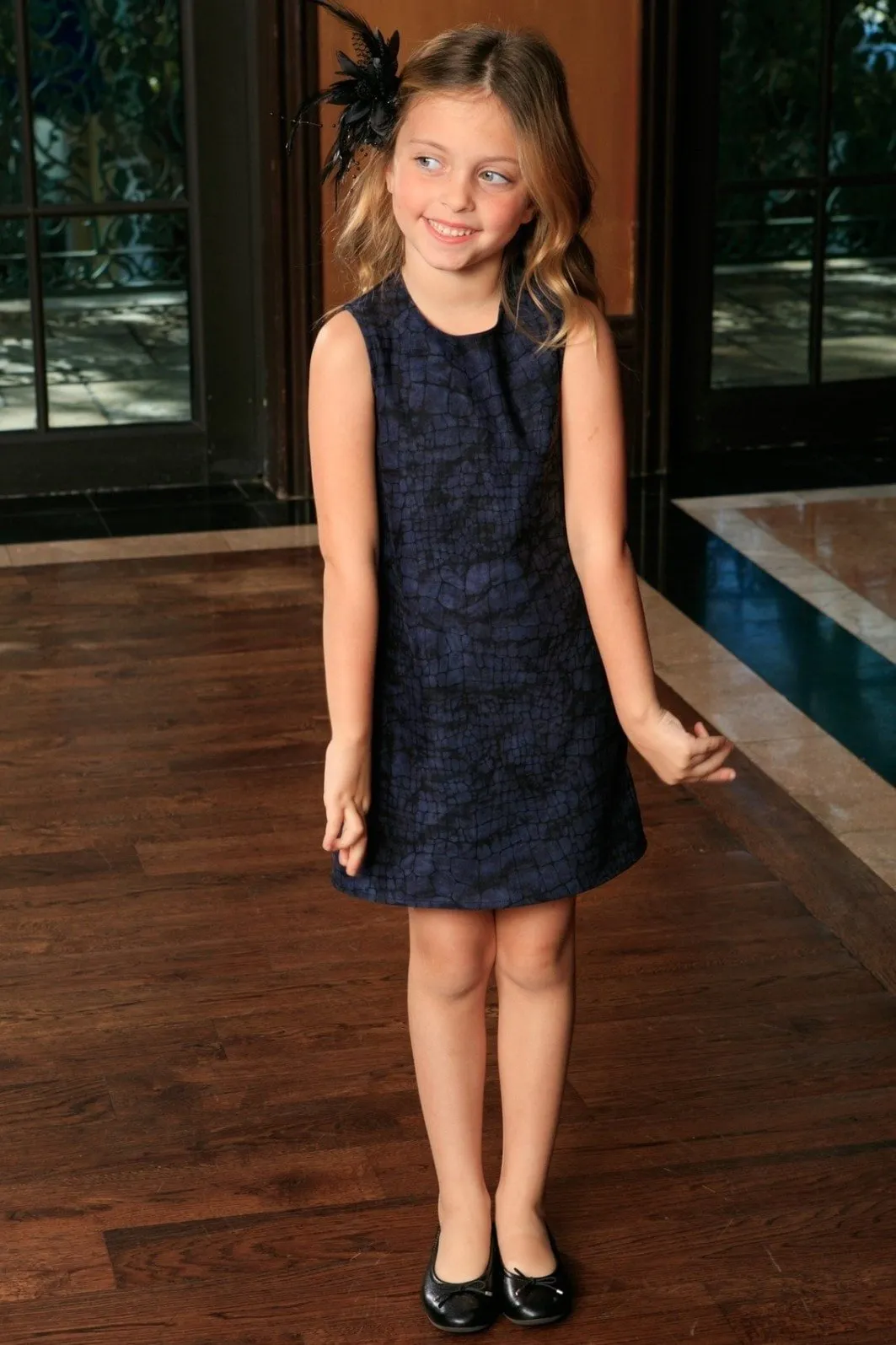 Navy Animal Print Sleeveless Stylish Fancy Party Shift Dress - Girls