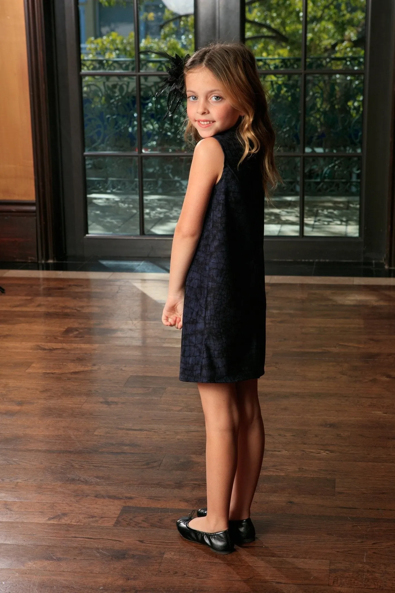 Navy Animal Print Sleeveless Stylish Fancy Party Shift Dress - Girls