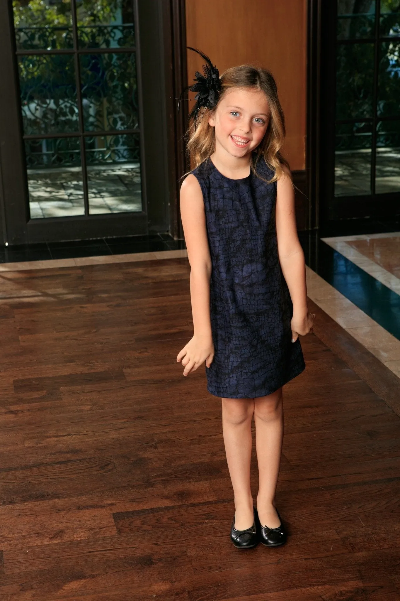 Navy Animal Print Sleeveless Stylish Fancy Party Shift Dress - Girls