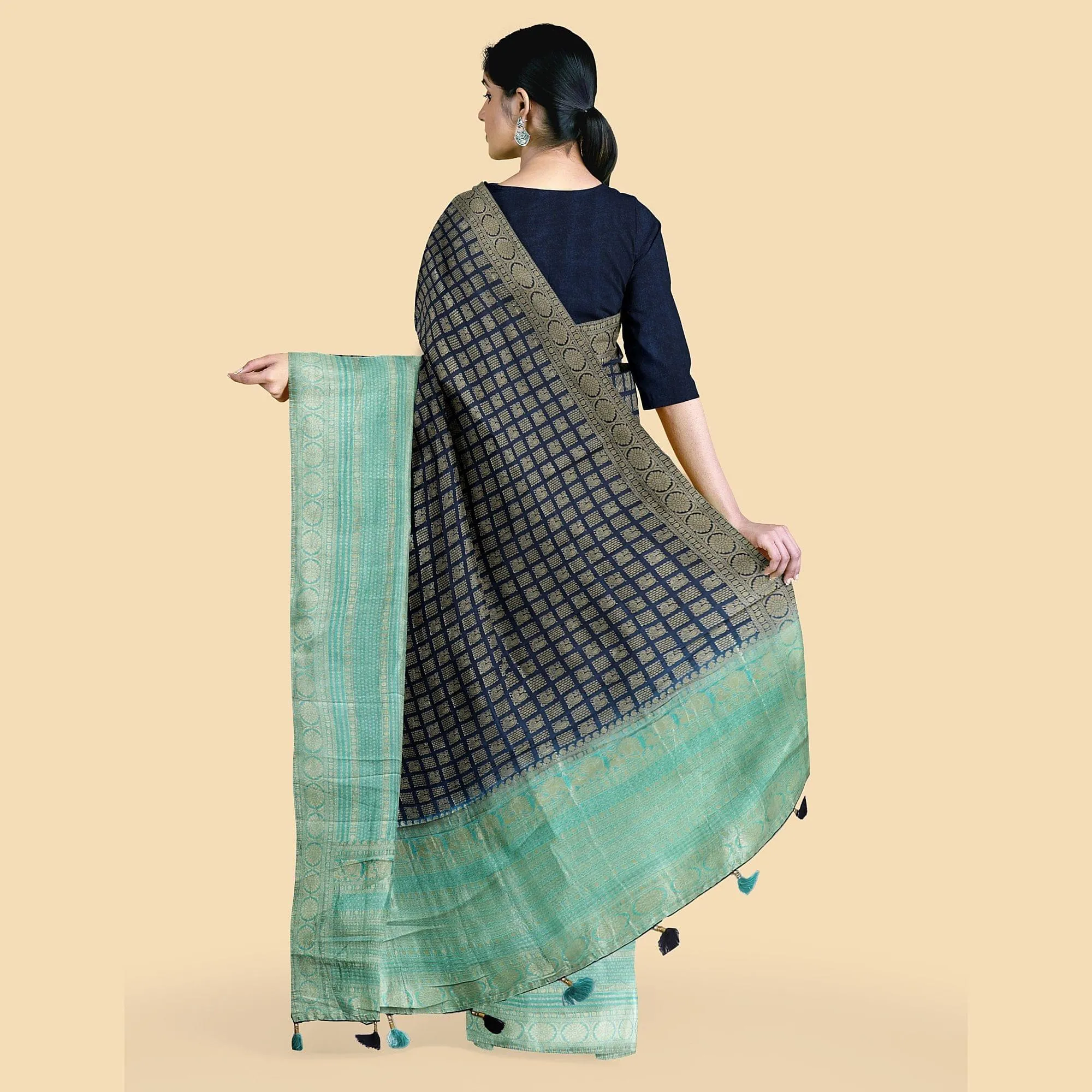 Navy blue to turquoise green imitation silk saree with gold metallic jacquard in floral design-D12785