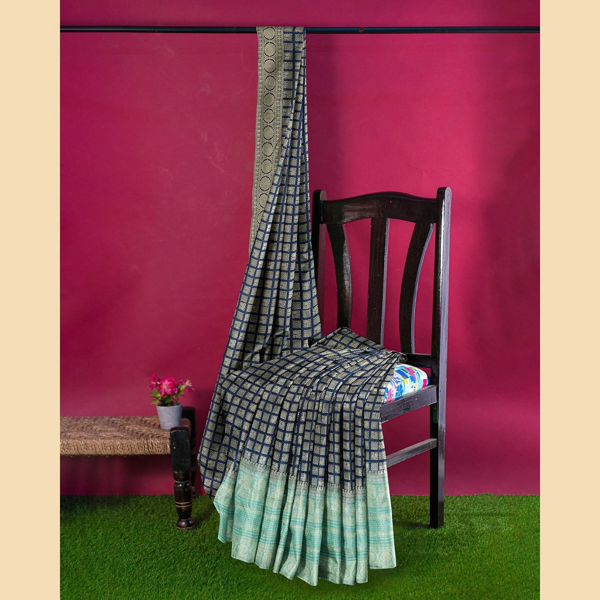 Navy blue to turquoise green imitation silk saree with gold metallic jacquard in floral design-D12785
