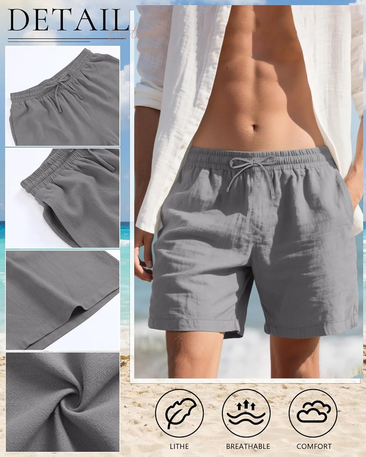 Neer 2 Pack Men's Linen Shorts Cotton L-5XL Big and Tall Regular Casual Lightweight Drawstring Summer Shorts with Pockets