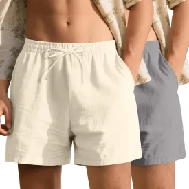 Neer 2 Pack Men's Linen Shorts Cotton L-5XL Big and Tall Regular Casual Lightweight Drawstring Summer Shorts with Pockets