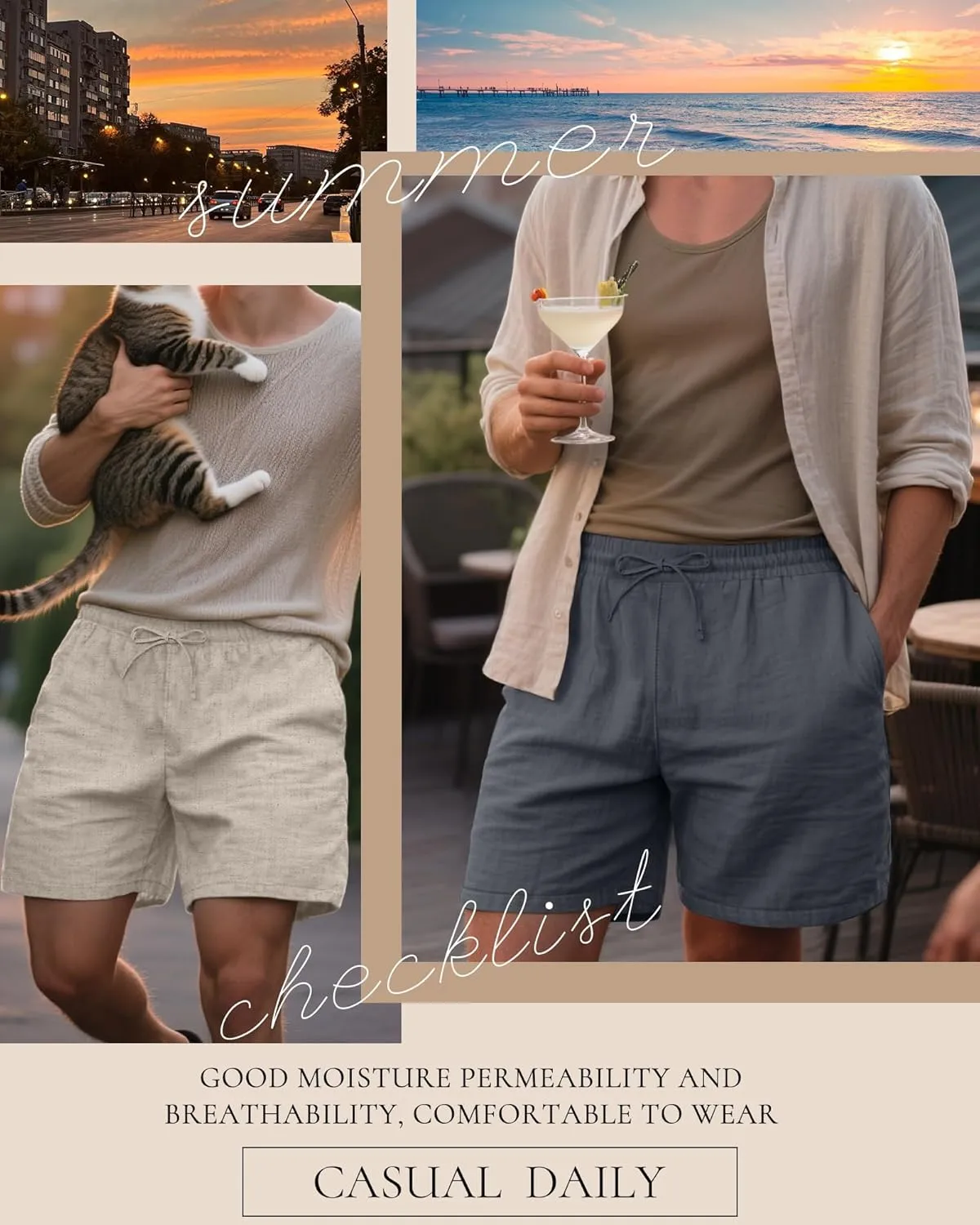 Neer 2 Pack Men's Linen Shorts Cotton L-5XL Big and Tall Regular Casual Lightweight Drawstring Summer Shorts with Pockets