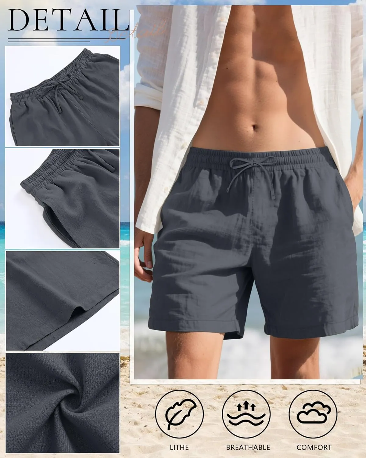 Neer 2 Pack Men's Linen Shorts Cotton L-5XL Big and Tall Regular Casual Lightweight Drawstring Summer Shorts with Pockets