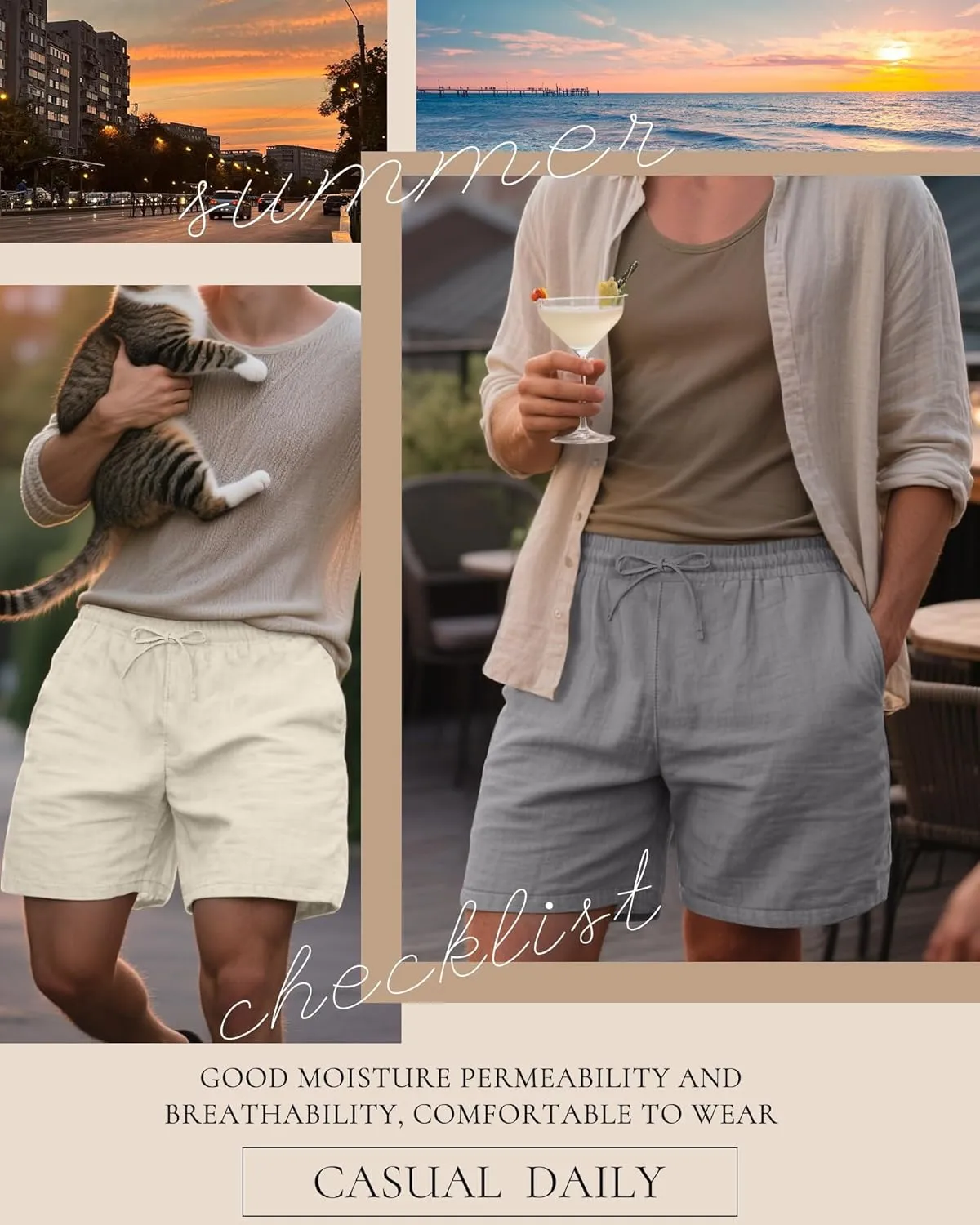 Neer 2 Pack Men's Linen Shorts Cotton L-5XL Big and Tall Regular Casual Lightweight Drawstring Summer Shorts with Pockets