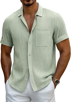 Neer Men's Big and Tall Cotton Linen Shirts M-7XL Short Sleeve Casual Button Down Blouses with Pocket Summer Beach Tops