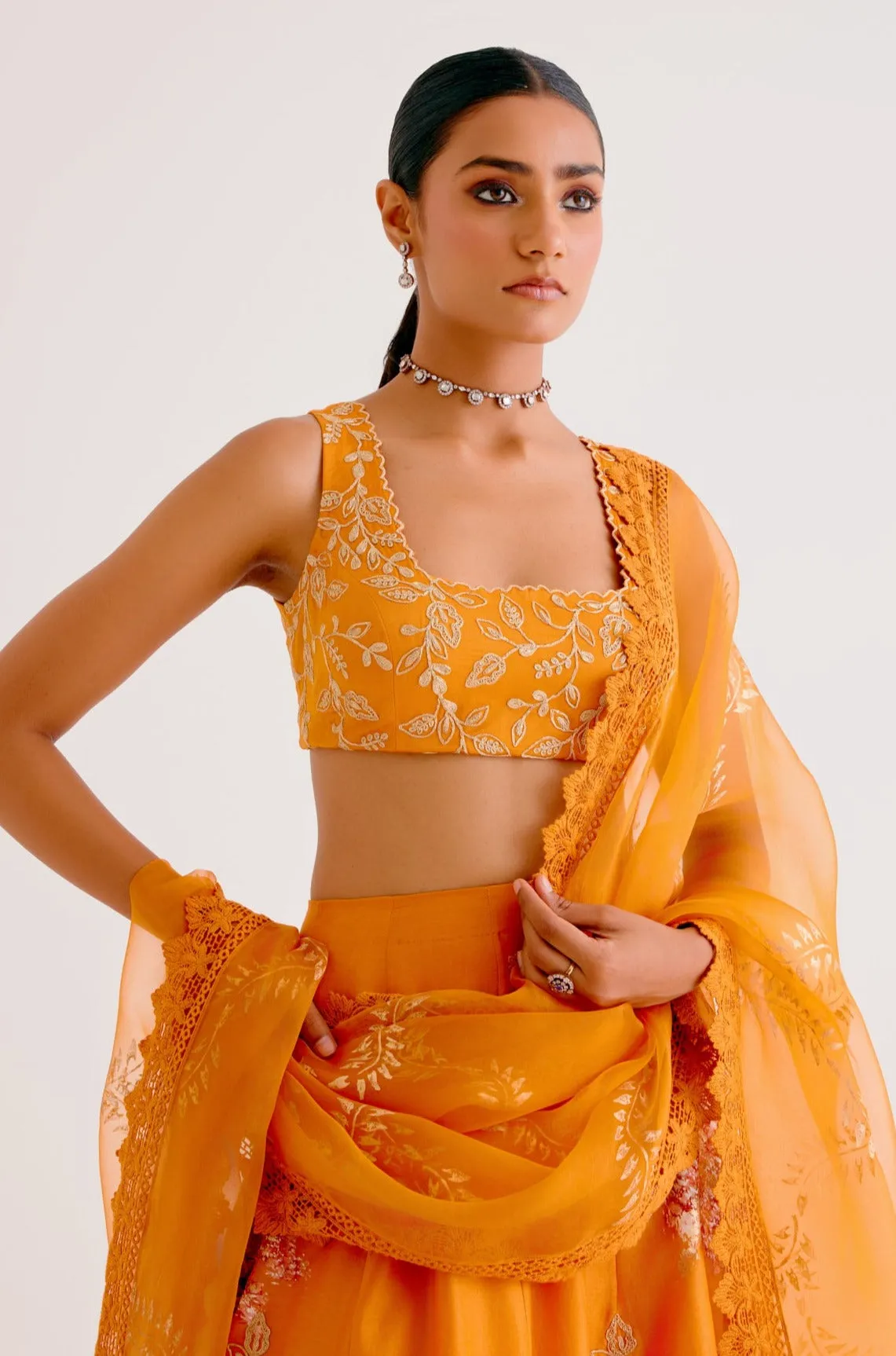 Orange Chanderi Hand Painted Lehenga Set