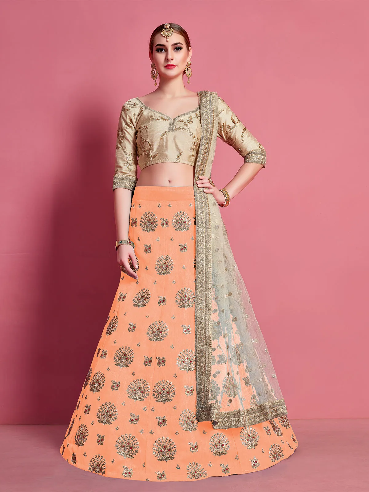 Orange Embroidered Semi Stitched Lehenga With Unstitched Blouse