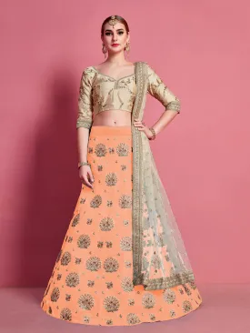Orange Embroidered Semi Stitched Lehenga With Unstitched Blouse