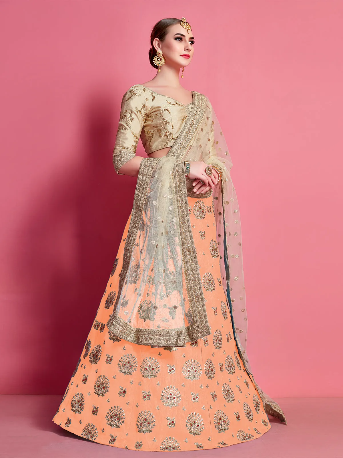 Orange Embroidered Semi Stitched Lehenga With Unstitched Blouse