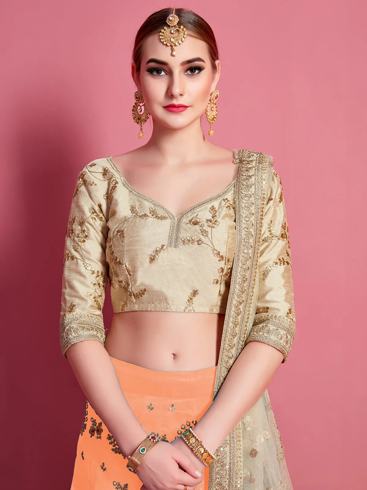 Orange Embroidered Semi Stitched Lehenga With Unstitched Blouse