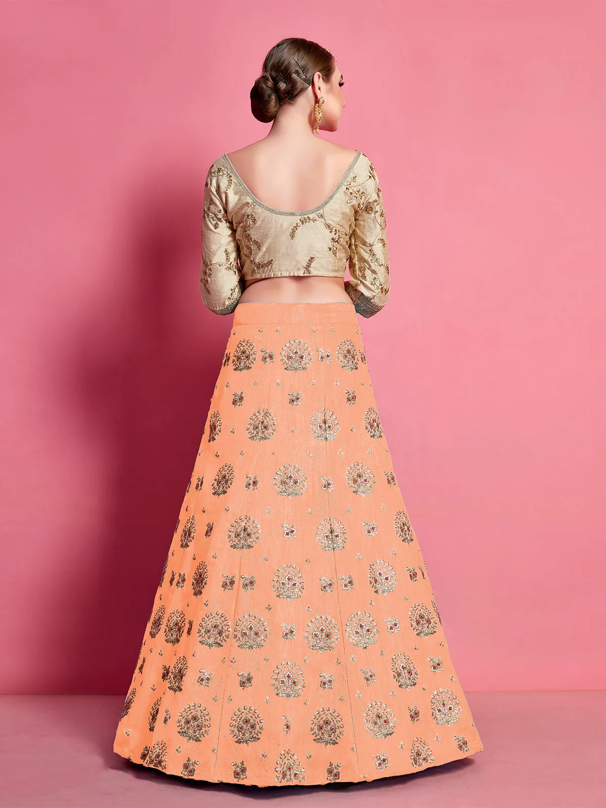 Orange Embroidered Semi Stitched Lehenga With Unstitched Blouse