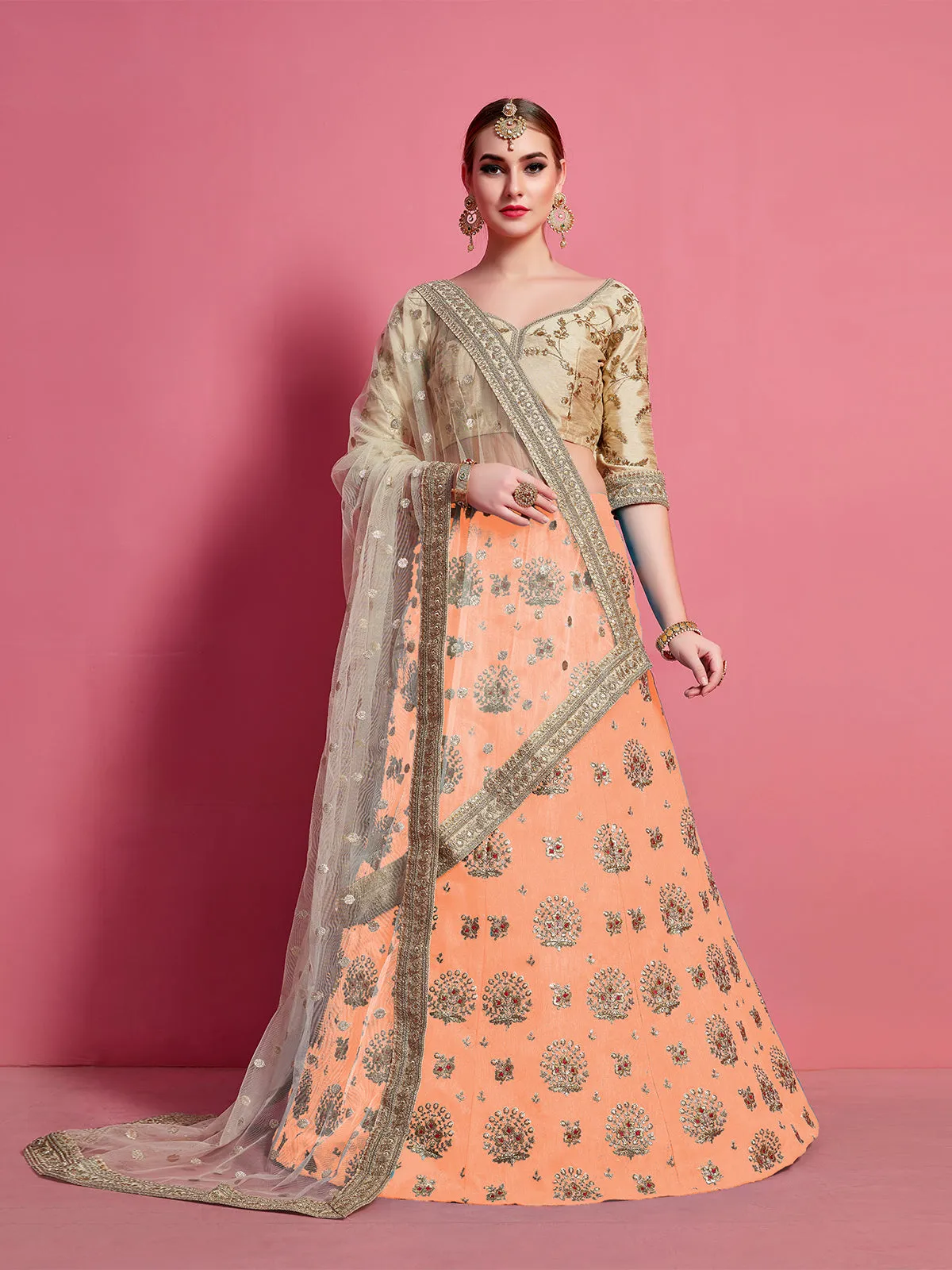 Orange Embroidered Semi Stitched Lehenga With Unstitched Blouse