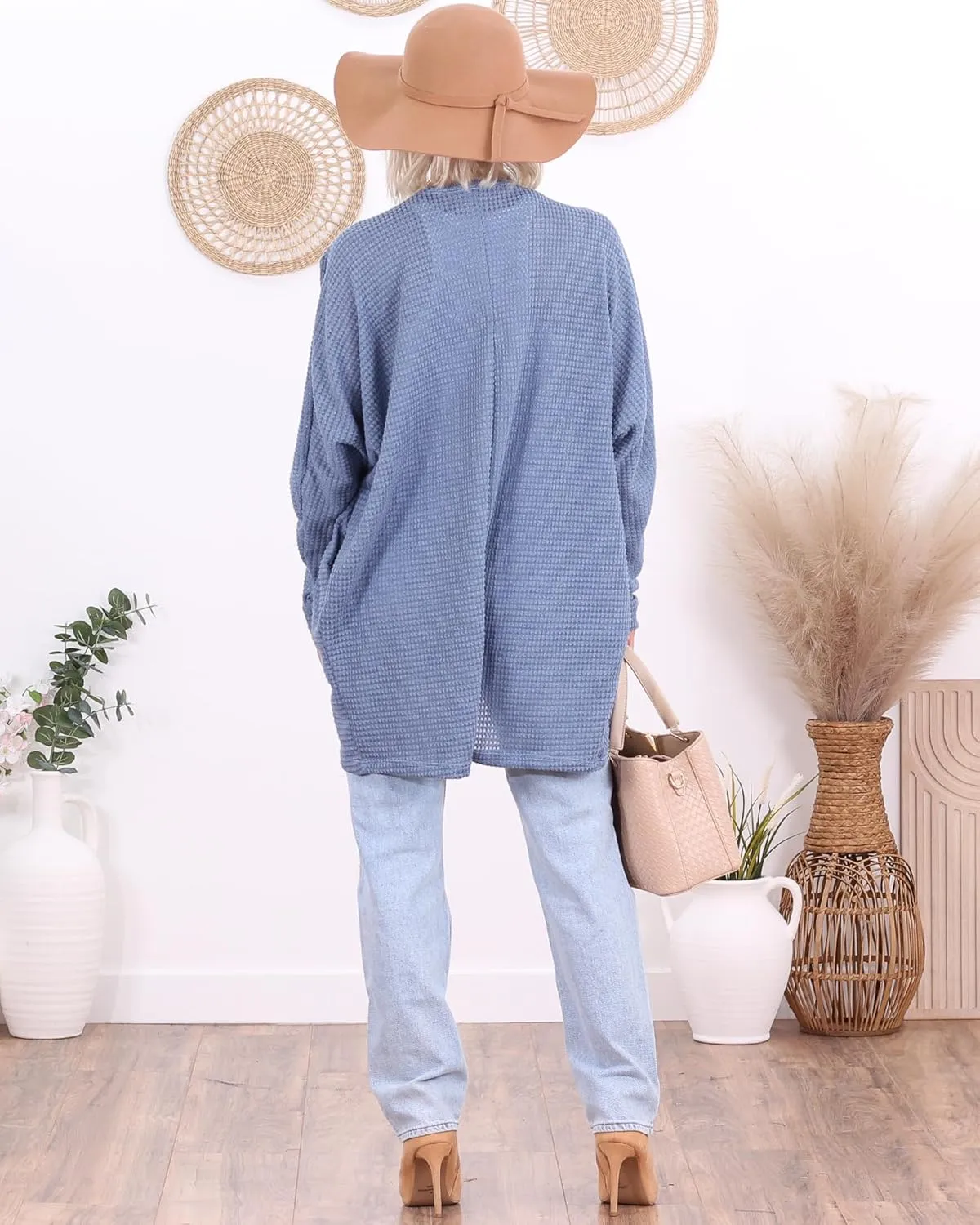 Popana Long Oversized Fall Batwing Waffle Knit Cardigan Sweaters for Women with Pockets Plus Size