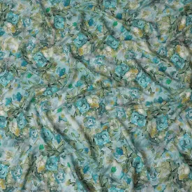 Powder blue viscose crepe fabric with multicolor print in floral design-D15645