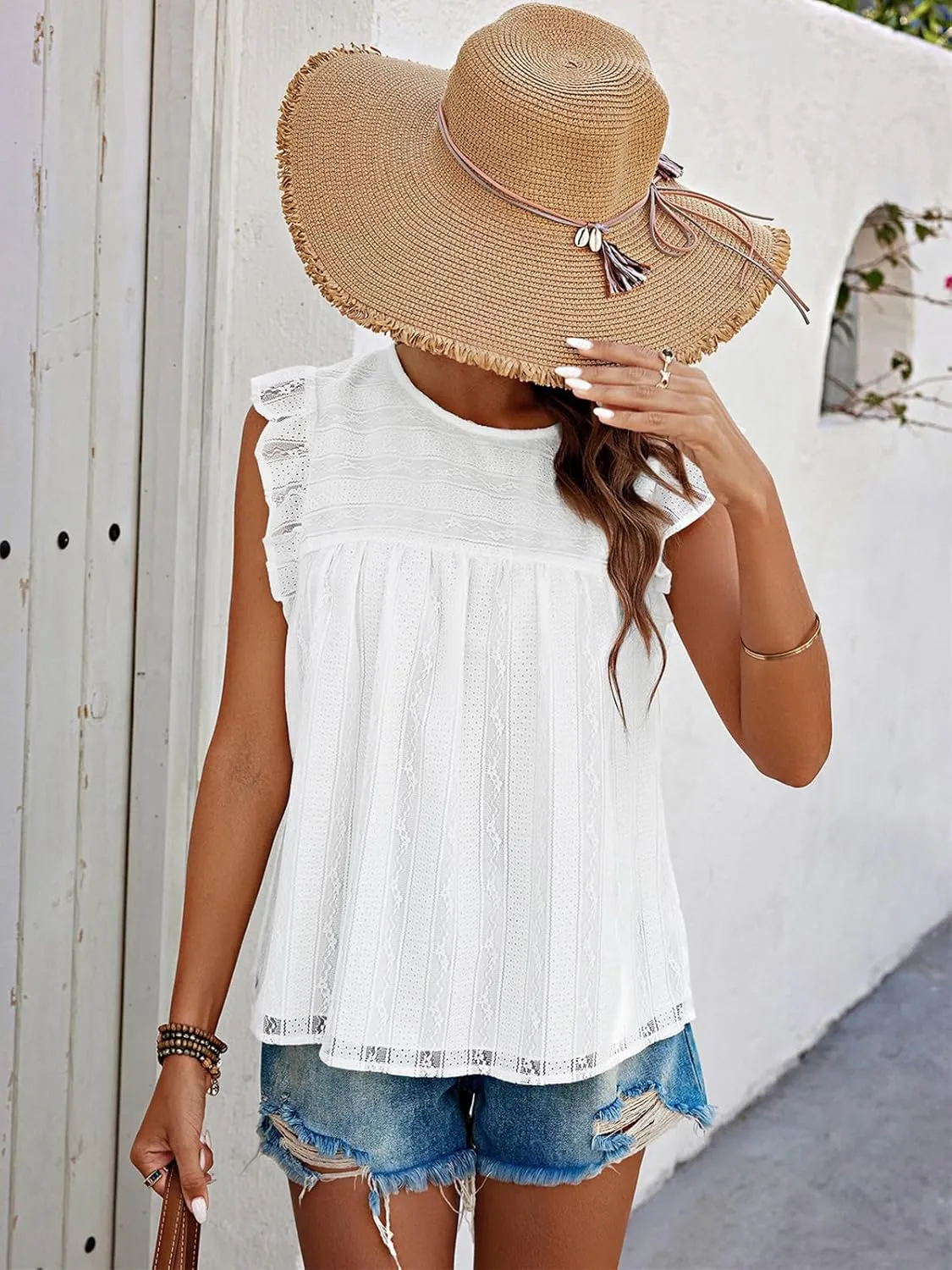 PRETTYGARDEN Women's Summer Cute Tank Top Crewneck Ruffle Sleeveless Hollow Out Eyelet Lace Spring Blouse Shirts