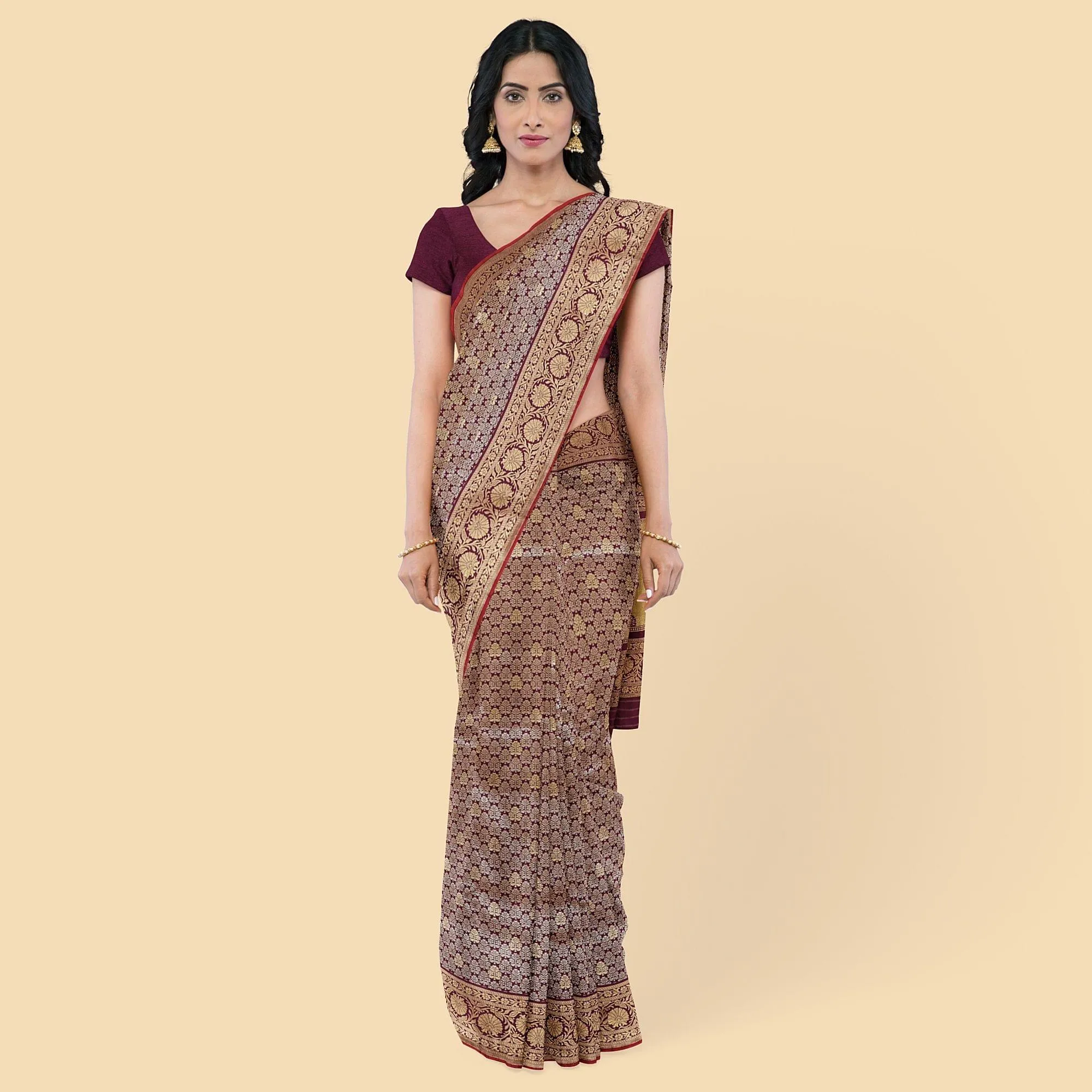 Purple imitation silk saree with gold jacquard in floral design-D12779