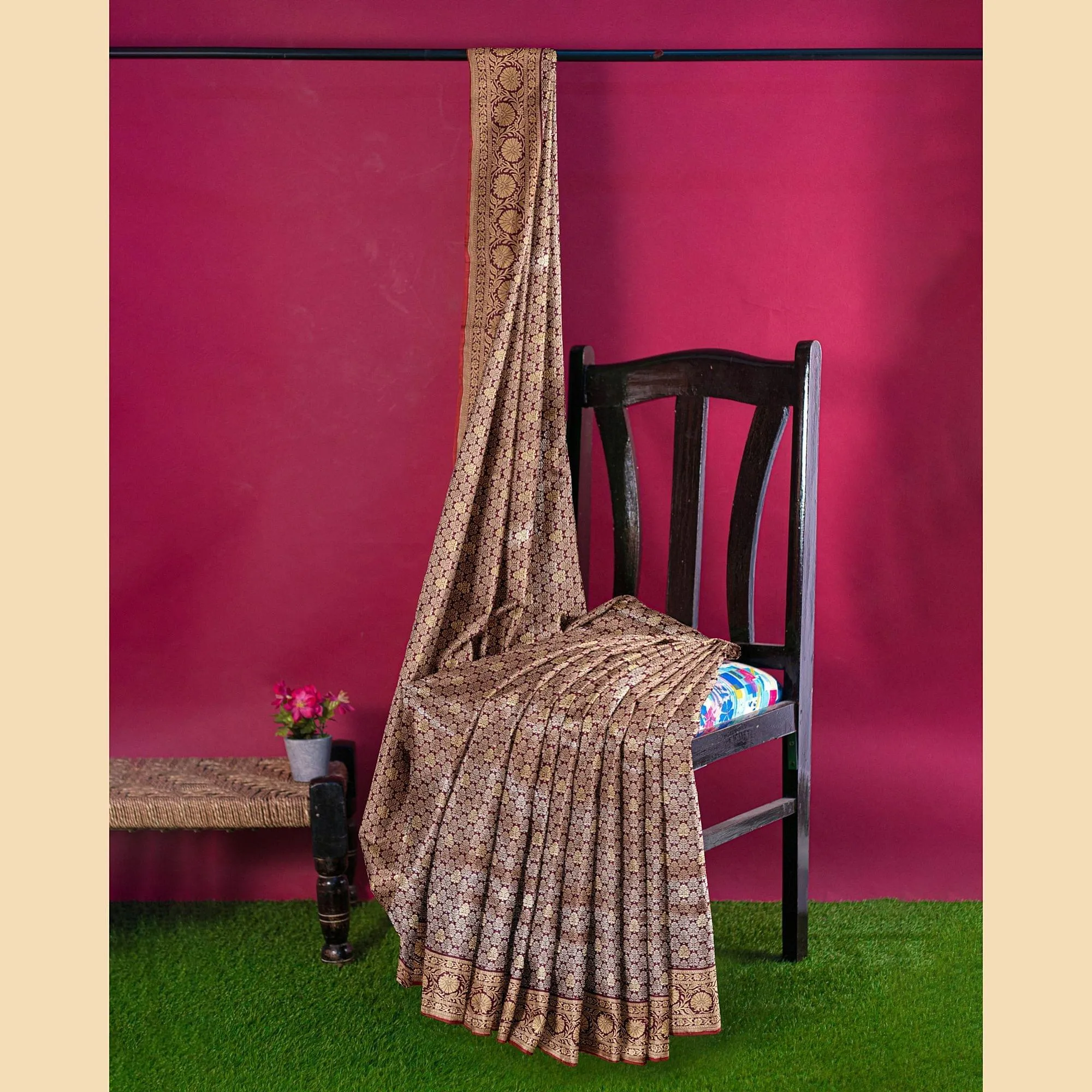 Purple imitation silk saree with gold jacquard in floral design-D12779