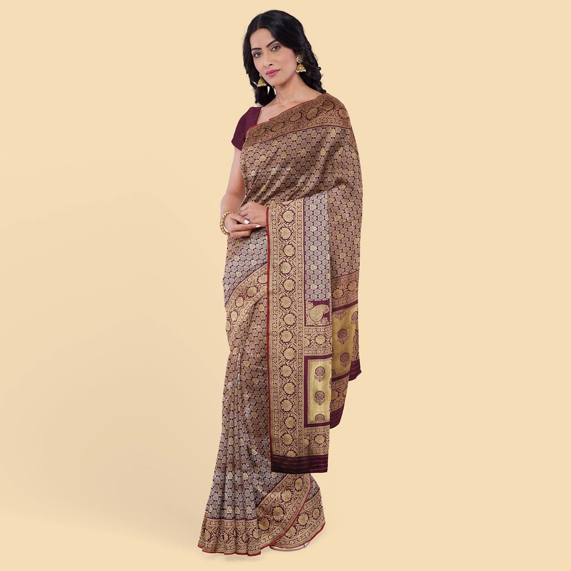 Purple imitation silk saree with gold jacquard in floral design-D12779