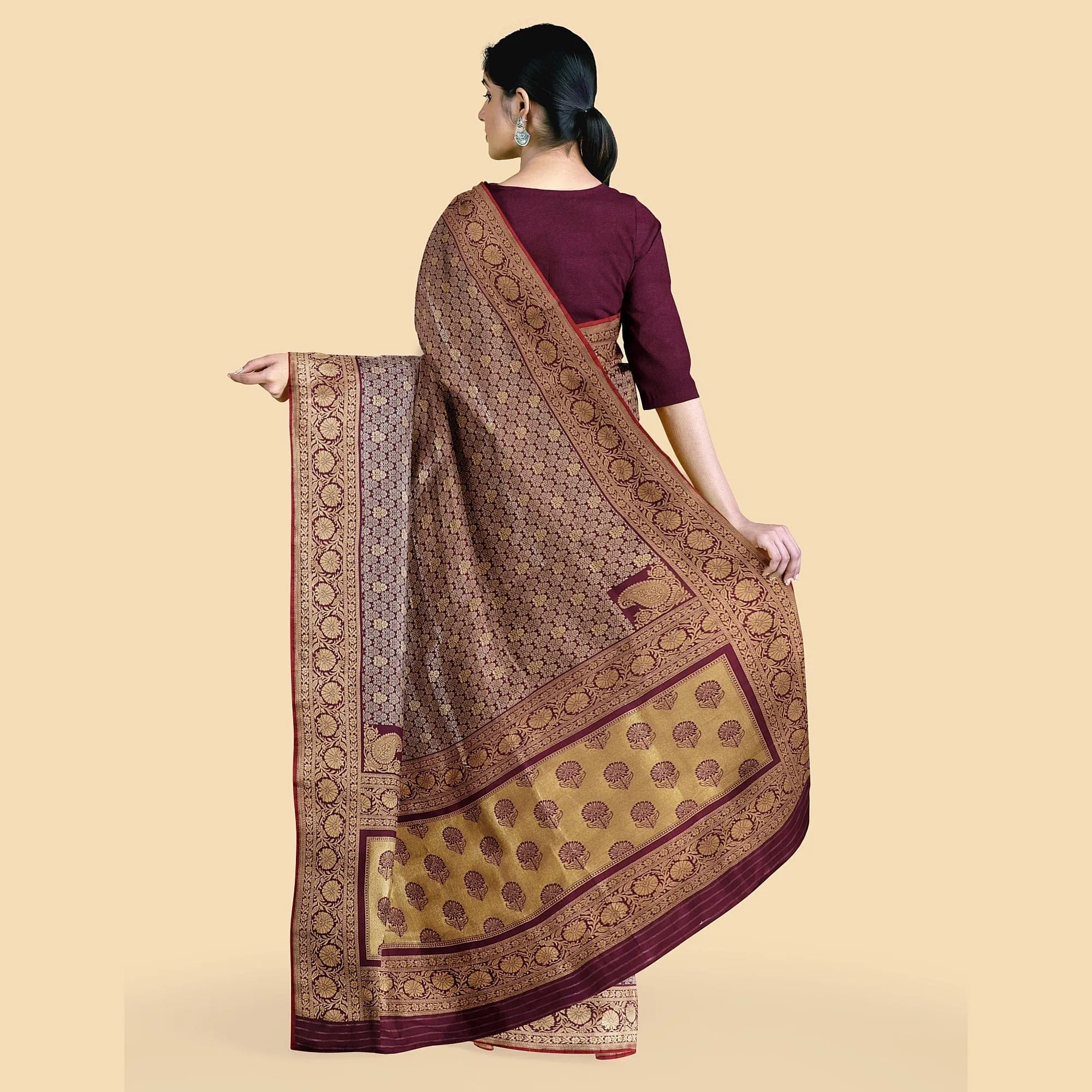 Purple imitation silk saree with gold jacquard in floral design-D12779