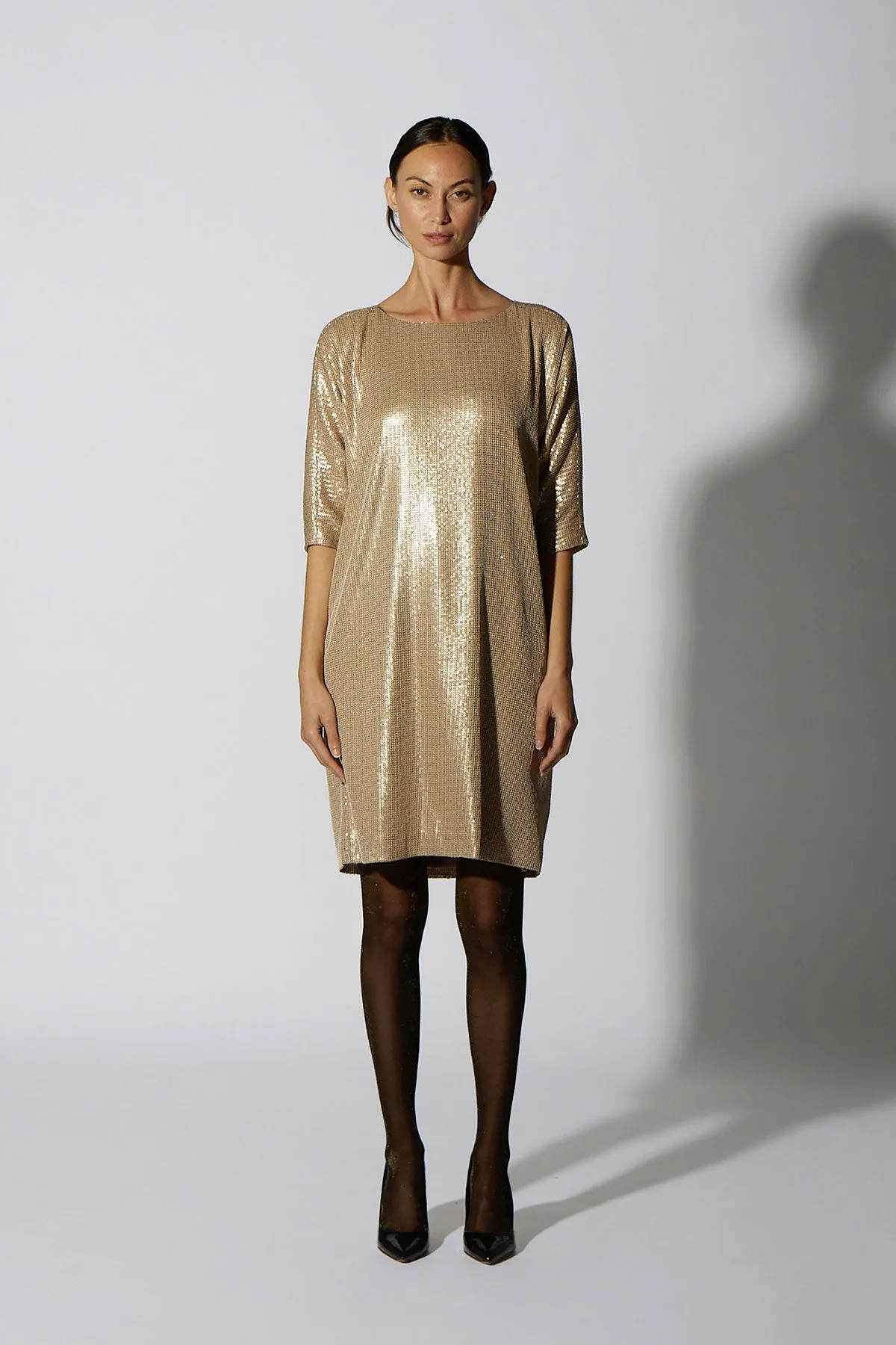 SEQUIN SHIFT KNEE LENGTH GOLD