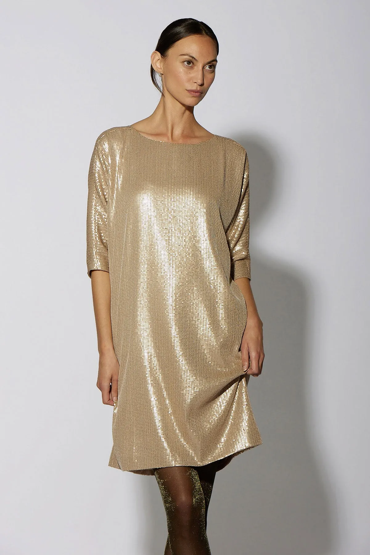 SEQUIN SHIFT KNEE LENGTH GOLD